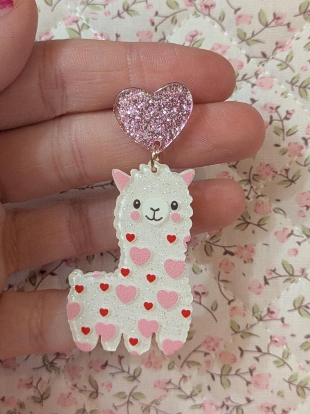 Pink heart alpaca earrings with pink hearts